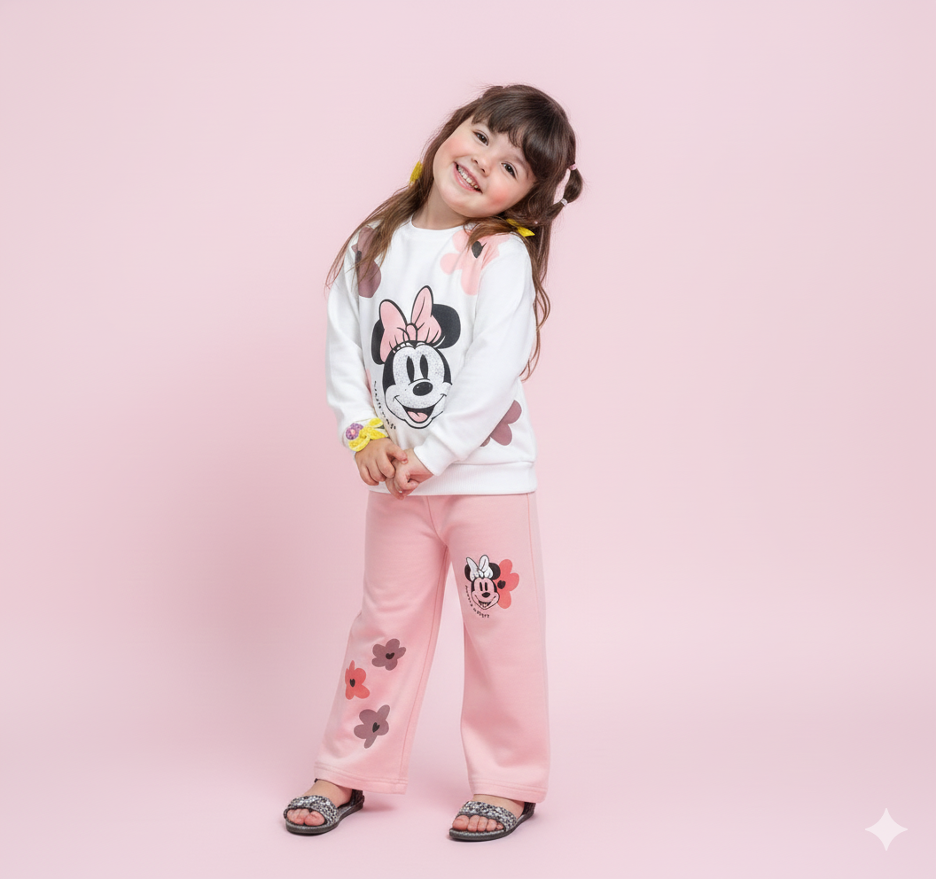 Girls Minnie Mouse Winter Tracksuit – Cute Floral Printed Sweatshirt (Pink & White)
