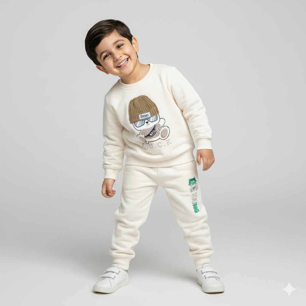 Cute Beige Teddy Bear Winter Tracksuit for Kids | Cozy Fleece Sweatshirt and pant Set