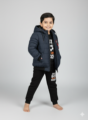 Boys Navy Blue Winter Puffer Jacket with Hood | Warm Quilted Coat for Kids