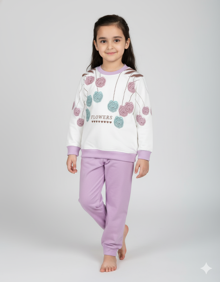 Floral Print Girls Winter Suit | White & Purple Two-Piece Warm Fleece Outfit