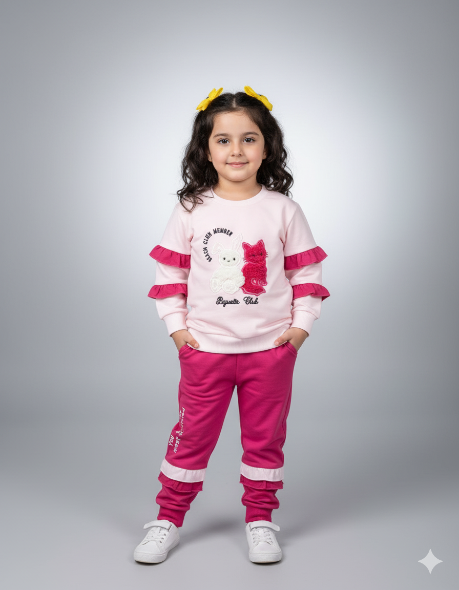 Cute Pink Outfit with Bunny & Cat Design | Girls Winter fancy trendy pre-winter Set