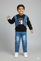 Boys Black Sweatshirt light weight tari fabric | Stylish Winter Outfit with Graphic Print