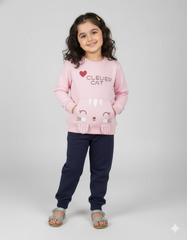 Clever Cat Winter Tracksuit for Girls – Pink Sweatshirt & Navy Blue pant Set 🐱✨