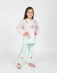 Cute Bunny Print Outfit with Net Puff Sleeves | Girls Pink pre-winter trendy Set