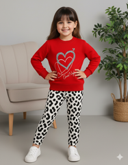 Girls Red Heart Print Stylish with Black & White Polka Dot Pants | Winter Outfit Set