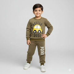 Kids Brown Sweatshirt & Jogger Set | Car Print Winter Outfit for Boys