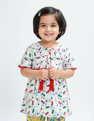 Girls White Printed Frock | Colorful Light Bulb Design Party & Casual Dress