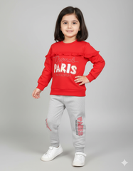 Stylish “Paris Originals” Red Winter Sweatshirt & Grey Set for Girls