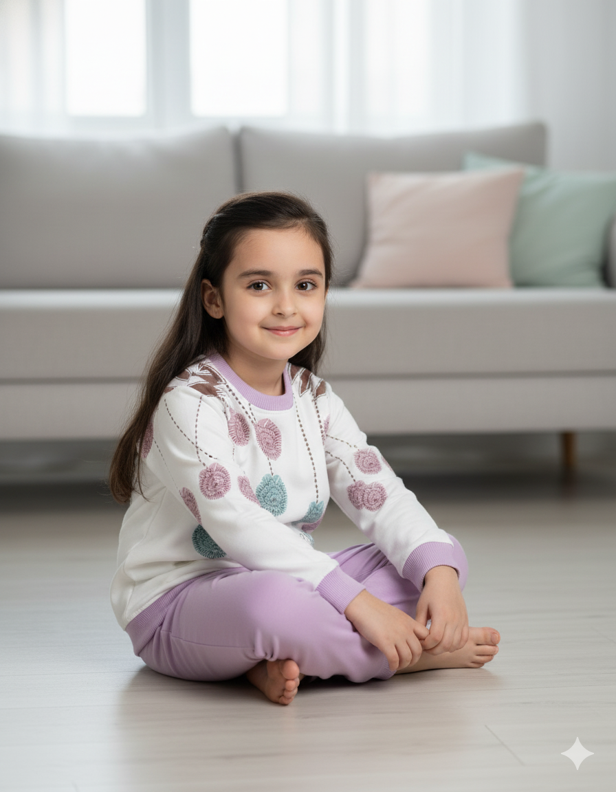 Floral Print Girls Winter Suit | White & Purple Two-Piece Warm Fleece Outfit