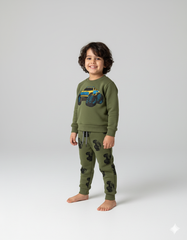 Boys Green Monster Truck Tracksuit | Printed Sweatshirt and pant Set | Winter Outfit