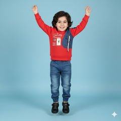 Boys Red Pre-Winter Shirt & Blue Denim Set | Stylish Winter Outfit with Graphic Print