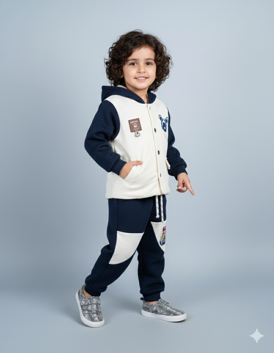 Cute Teddy Bear Parashot Winter Tracksuit for Kids | Cream White | Warm Fleece Sweatshirt Pants Set