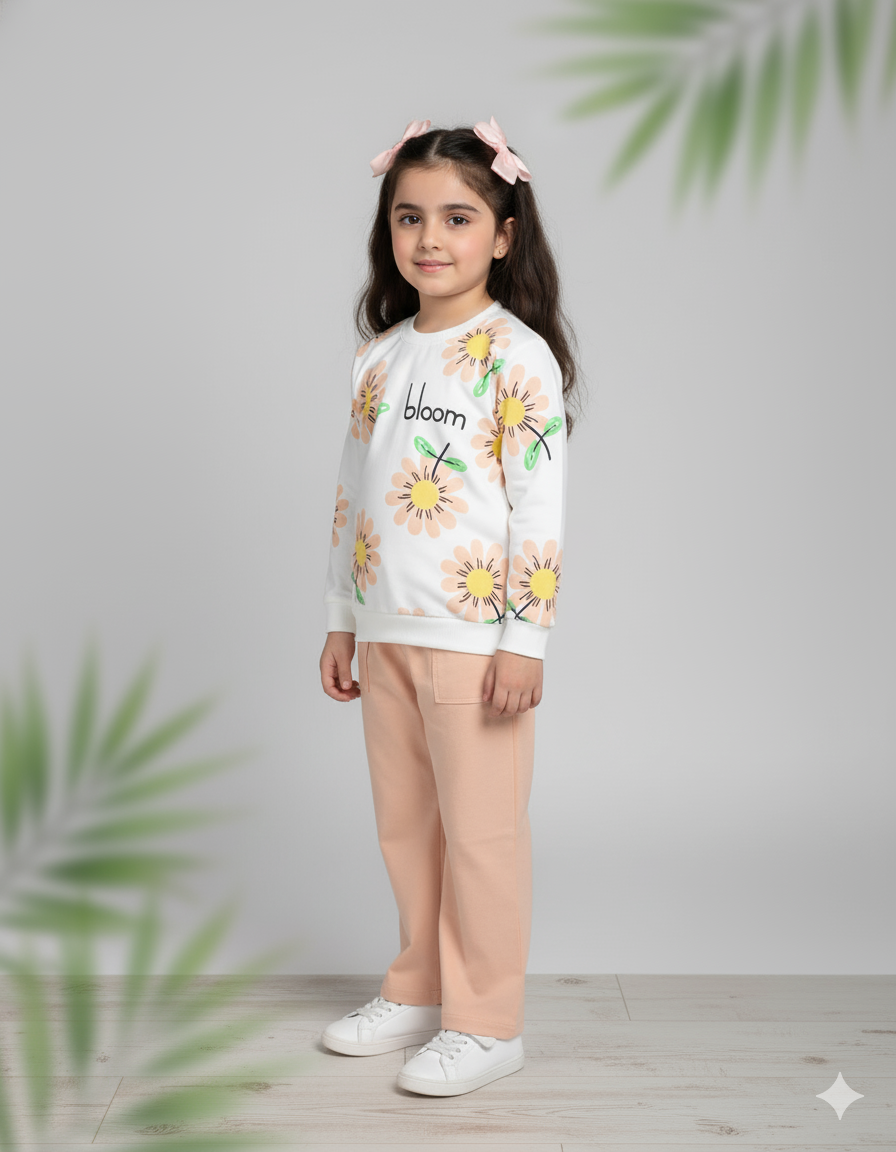 Tari fabric Bloom Flower Print Sweatshirt & Pant Set for Girls | Cute Floral Winter Outfit