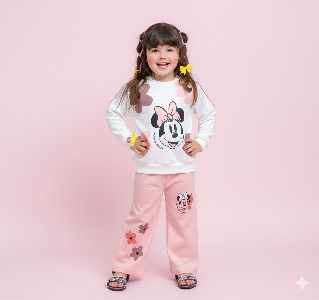 Girls Minnie Mouse Winter Tracksuit – Cute Floral Printed Sweatshirt (Pink & White)