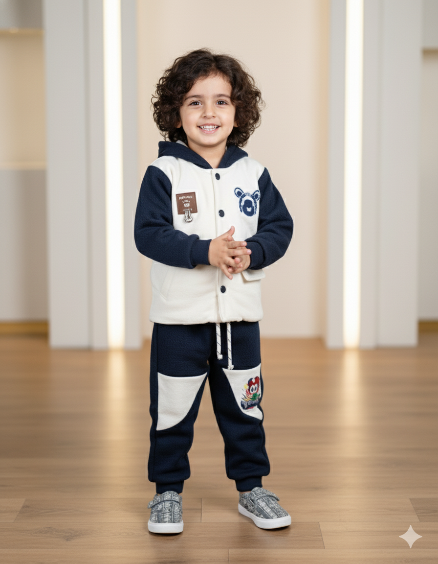 Cute Teddy Bear Parashot Winter Tracksuit for Kids | Cream White | Warm Fleece Sweatshirt Pants Set