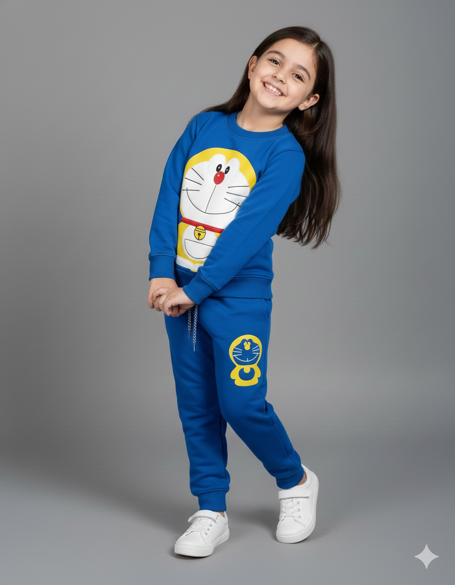 Kids Doraemon Printed Winter Tracksuit | Blue Fleece Sweatshirt Set
