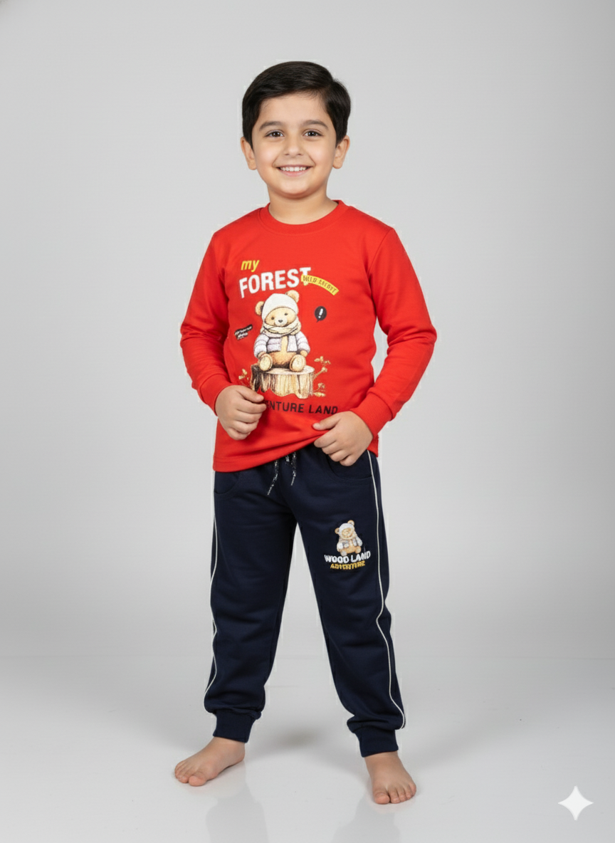 Red My Forest Adventure Land Winter Tracksuit for Boys | Cozy Fleece Sweatshirt Set