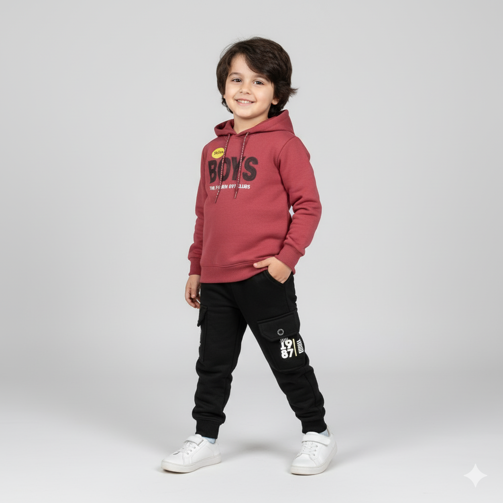 Winter Hoodie Maroon Sweatshirt with Black Pocket Pants | Warm Fleece Tracksuit for Boys
