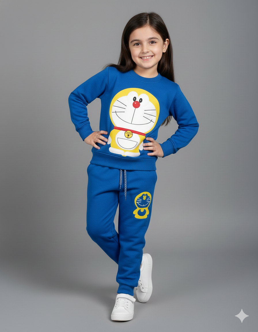 Kids Doraemon Printed Winter Tracksuit | Blue Fleece Sweatshirt Set