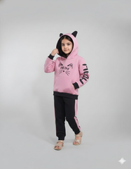 Girls Pink “Meow” Cat Hoodie Tracksuit – Cute Winter 2-Piece Set
