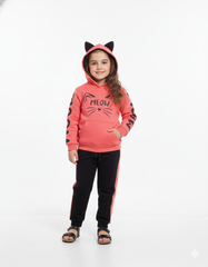 Girls Meow Cat Hoodie Tracksuit – Pink Hooded Sweatshirt & Black Pants Set