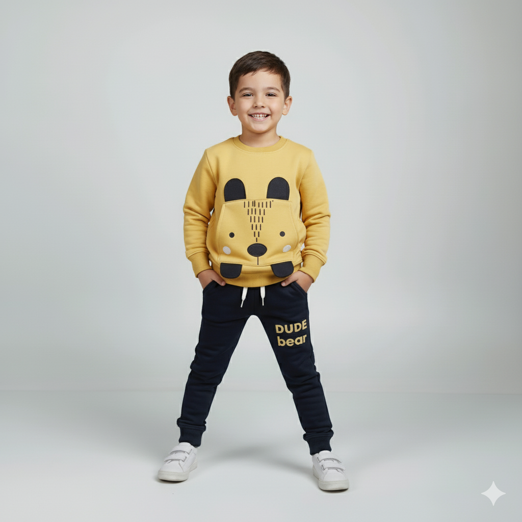 Dude Bear" Kids' Pullover Sweatshirt & Jogger Set - Yellow & Navy