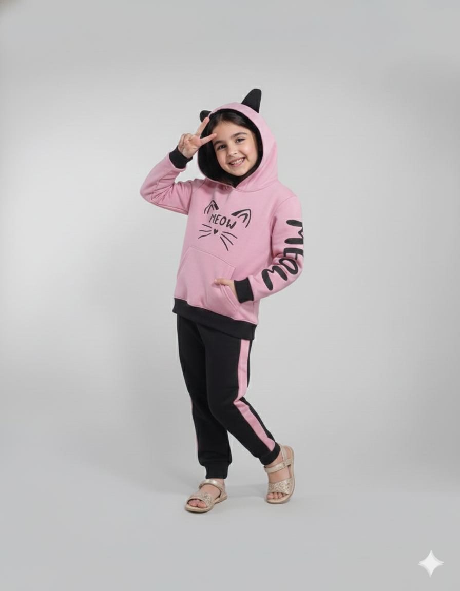 Girls Pink “Meow” Cat Hoodie Tracksuit – Cute Winter 2-Piece Set