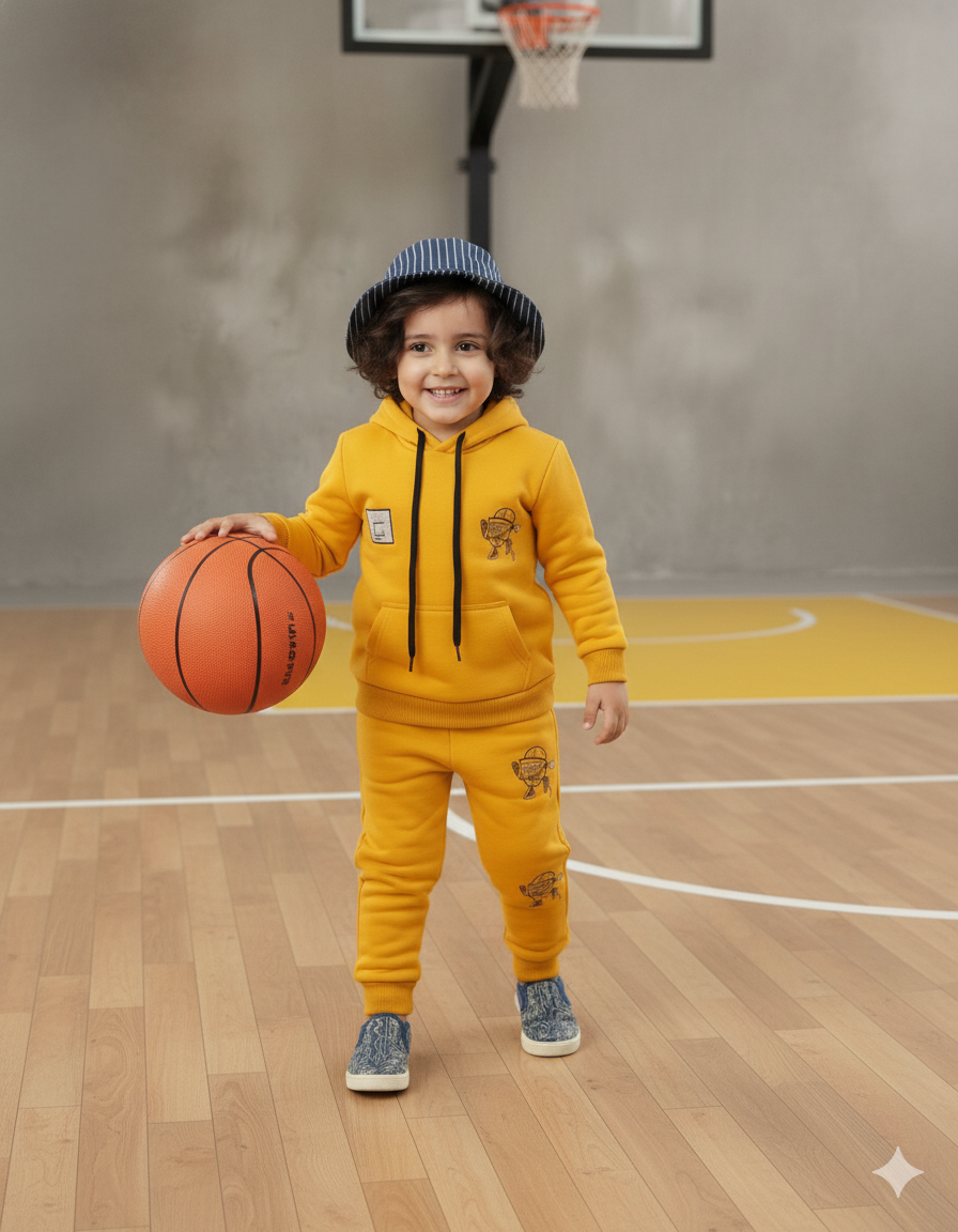Boys Yellow Basketball Hoodie Tracksuit | Winter Fleece Hooded Sweatshirt Set