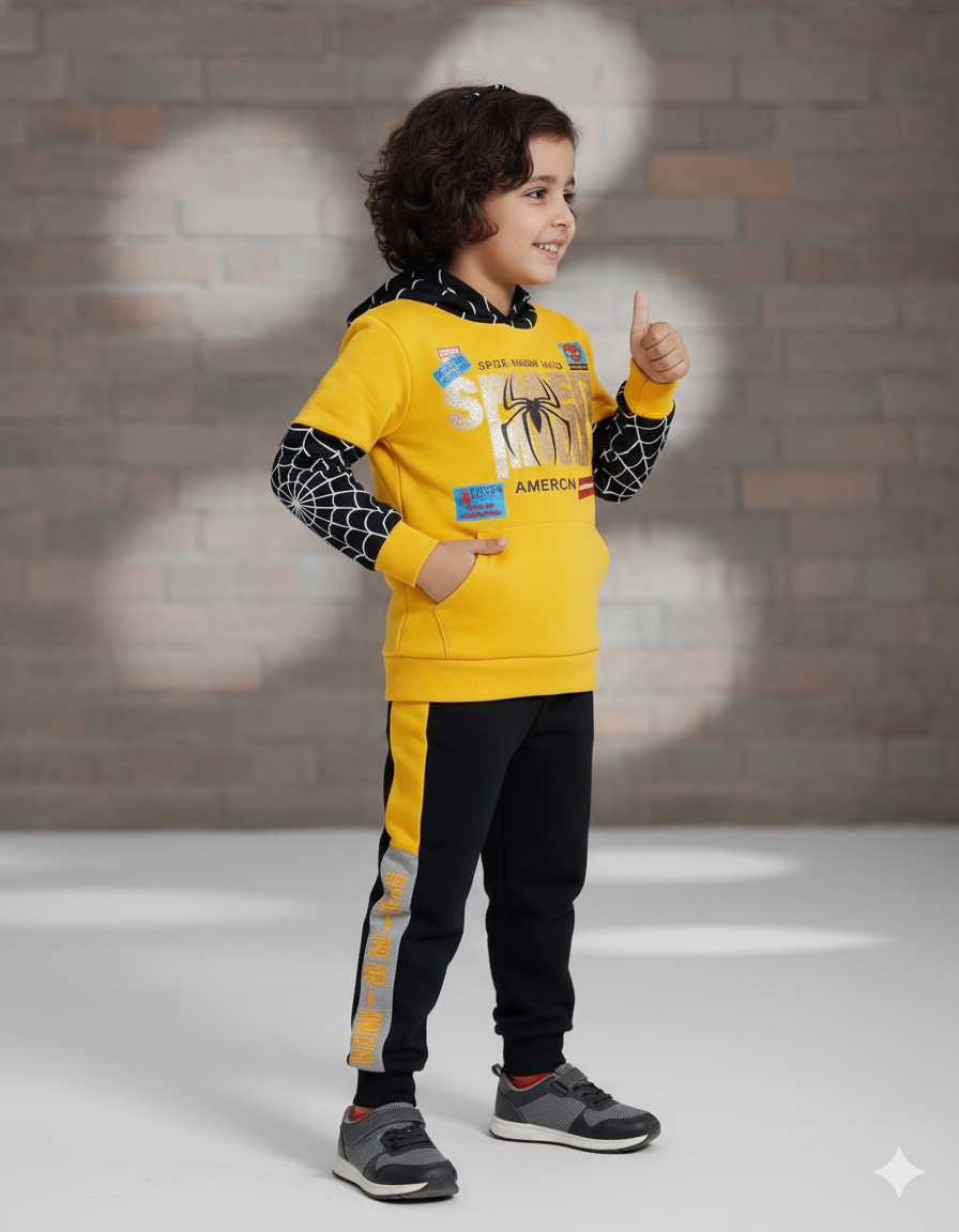 Spider-Man Kids Winter Tracksuit | Yellow & Black Fleece Hoodie Set for Boys