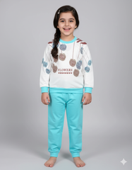 Tari fabric Floral Print Girls Winter Suit | Stylish Blue & White Sweatshirt and Trouser Set