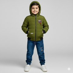Boys Olive Green Puffer Jacket with Hood | Warm lightweight Quilted Winter Coat