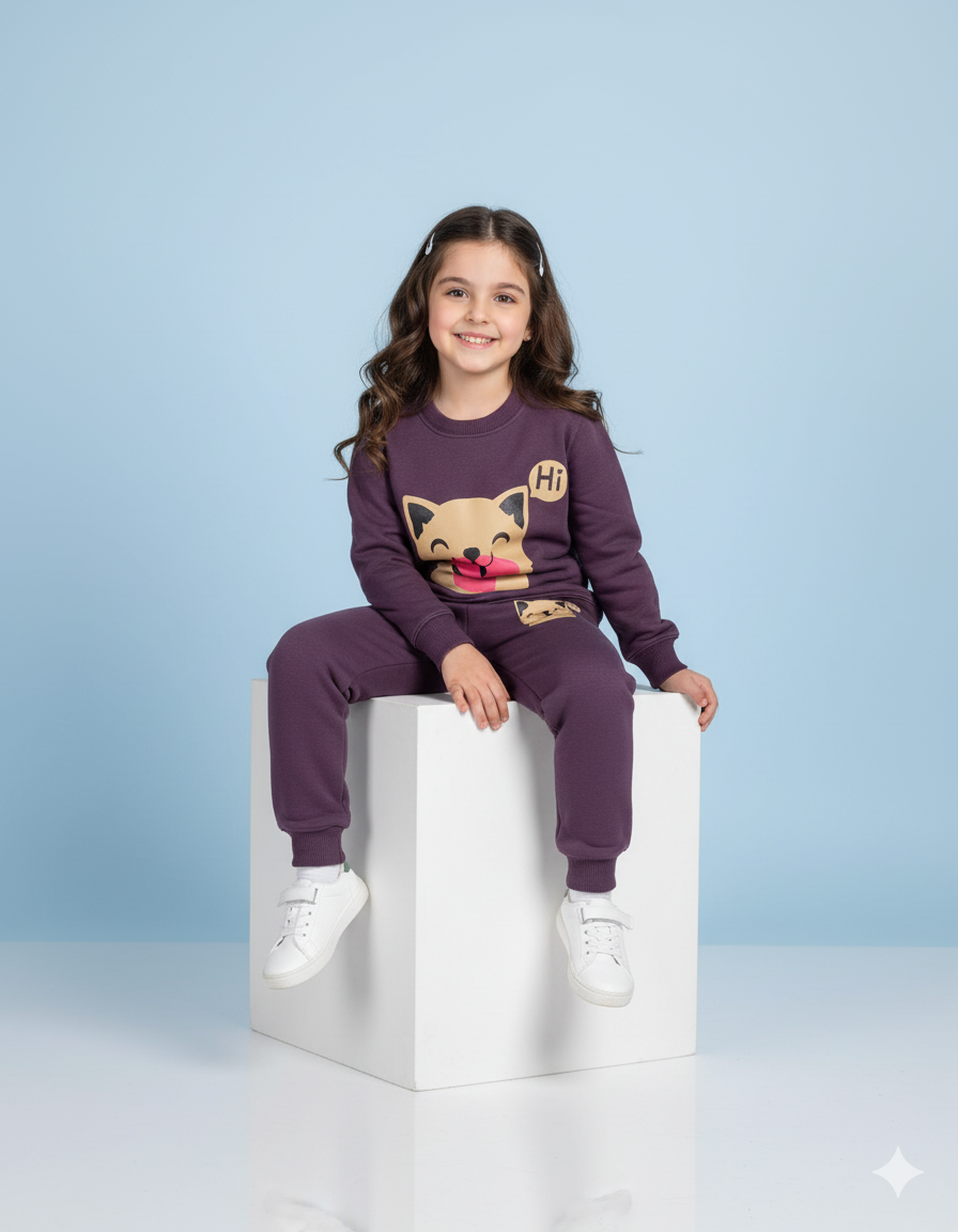 Purple  Cute Cat Meow Beautiful Winter Set Soft Winter Fabric