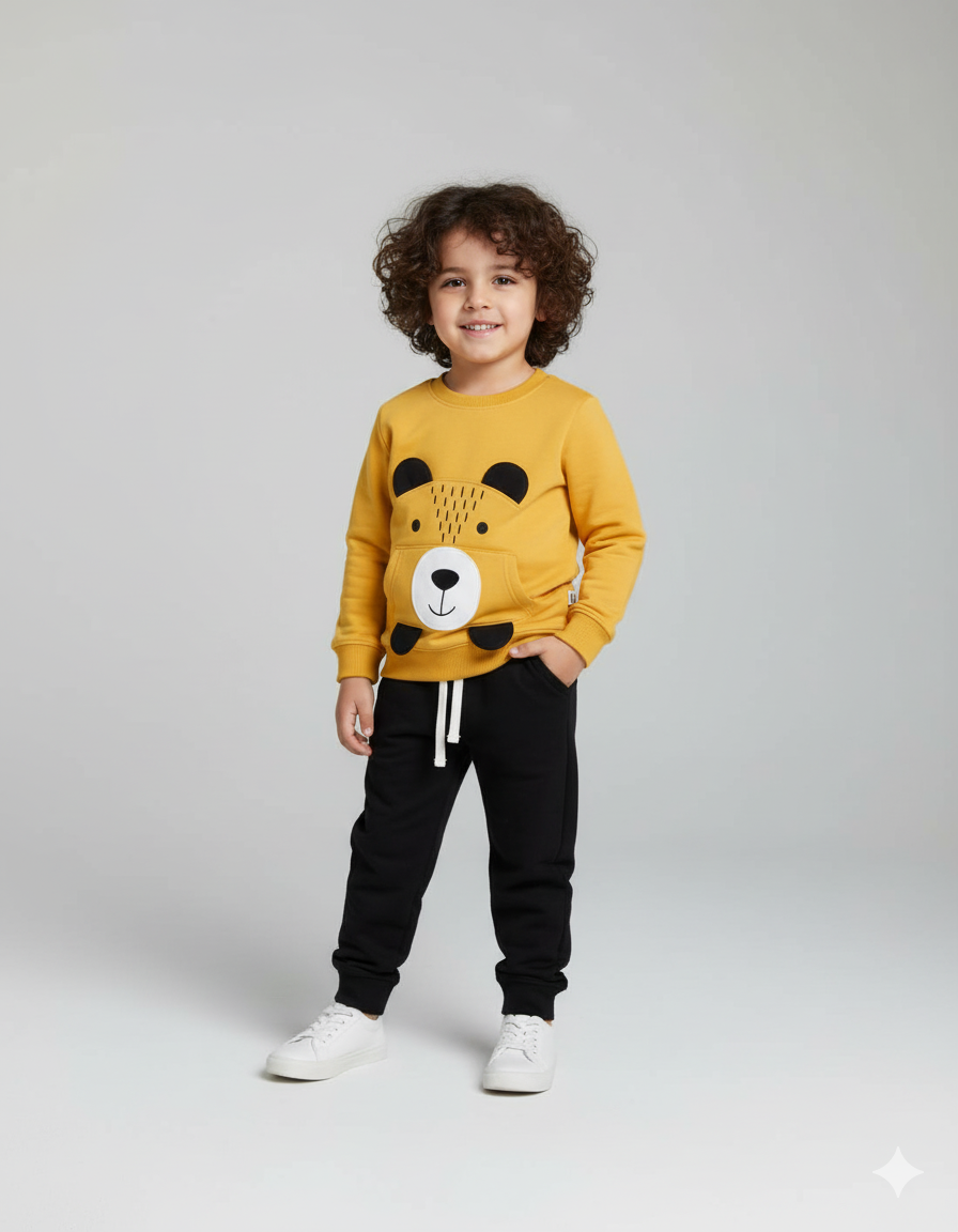 Cute Bear Design Winter Tracksuit for Kids | Mustard Yellow Sweatshirt & Black Set