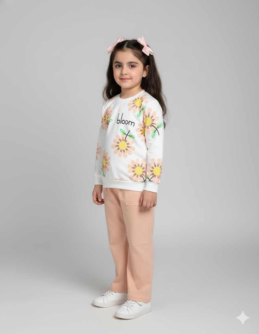 Tari fabric Bloom Flower Print Sweatshirt & Pant Set for Girls | Cute Floral Winter Outfit