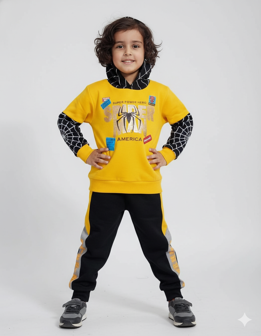 Spider-Man Kids Winter Tracksuit | Yellow & Black Fleece Hoodie Set for Boys