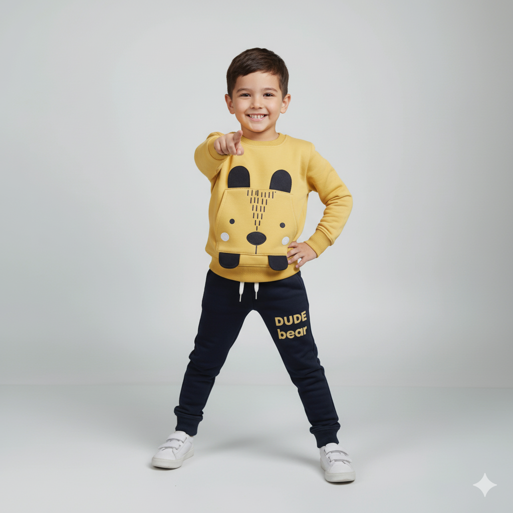 Dude Bear" Kids' Pullover Sweatshirt & Jogger Set - Yellow & Navy