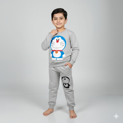 Doraemon Printed Grey Winter Tracksuit for Kids – Soft Fleece Sweatshirt & grey pant
