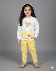 Cute Smiley Winter Tracksuit for Girls | Yellow & White Fleece Set with Glitter Design