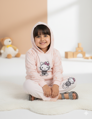 Cute Hello Kitty Girls Hoodie terri fabric Set – Light Peach Printed Fleece Outfit with Frill Bottom