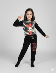 Minnie Mouse Striped Black Winter Tracksuit for Girls | Warm Fleece Hoodie Set