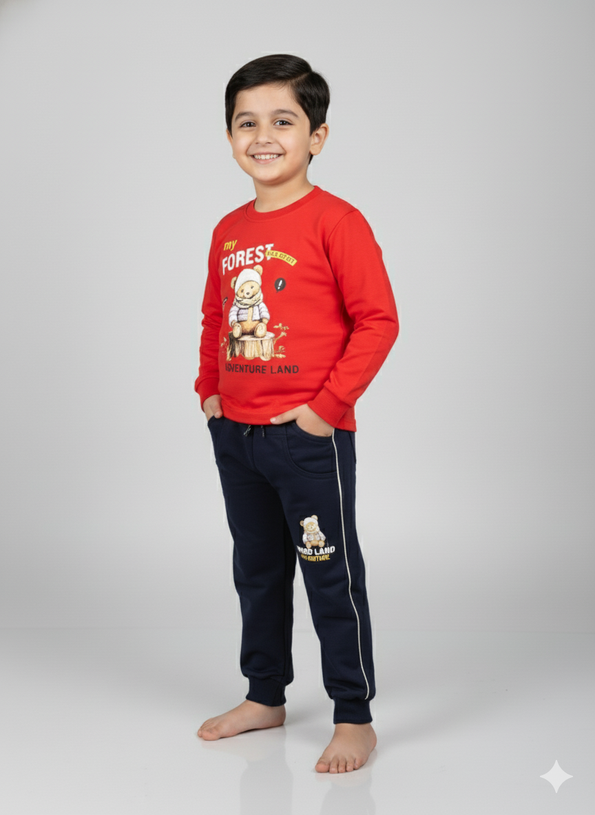 Red My Forest Adventure Land Winter Tracksuit for Boys | Cozy Fleece Sweatshirt Set