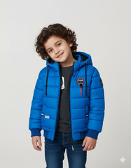 Boys Blue Winter Puffer Jacket with Hood | Warm Quilted Coat for Kids