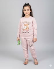 Kids Sweatshirt | Beige Teddy Bear Print “Today Happy” Outfit | Winter Wear for Boys & Girls