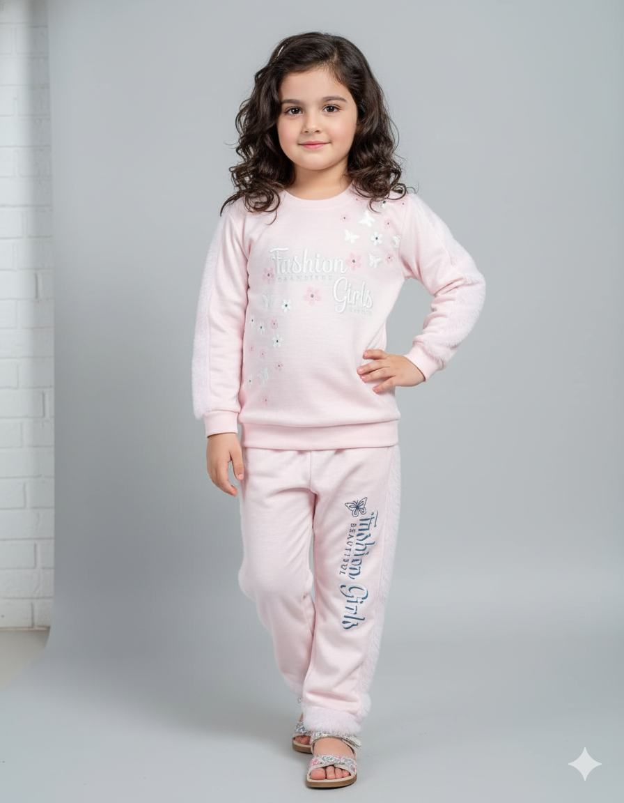 Soft Pink Fleece Two-Piece Set with Embroidered Detailing & Floral Design