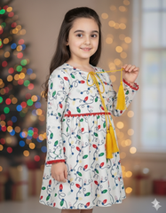 Girls White Printed Frock | Colorful Light Bulb Design Dress with Yellow Tassels