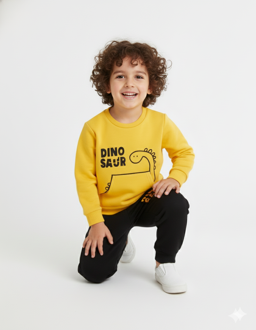 Boys Yellow Dinosaur Winter Tracksuit | Warm Fleece Sweatshirt Set