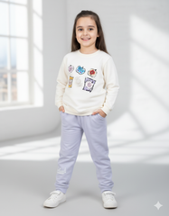 Cute Snacks Print Baby Girl Winter Tracksuit – Cream & Lavender Two-Piece Outfit