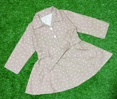 Girls Beige Polka Dot Frock Coat | Long Sleeve Winter Dress with Belt