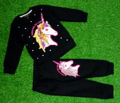 Girls Black Unicorn Glitter Jogger Set – Winter Outfit