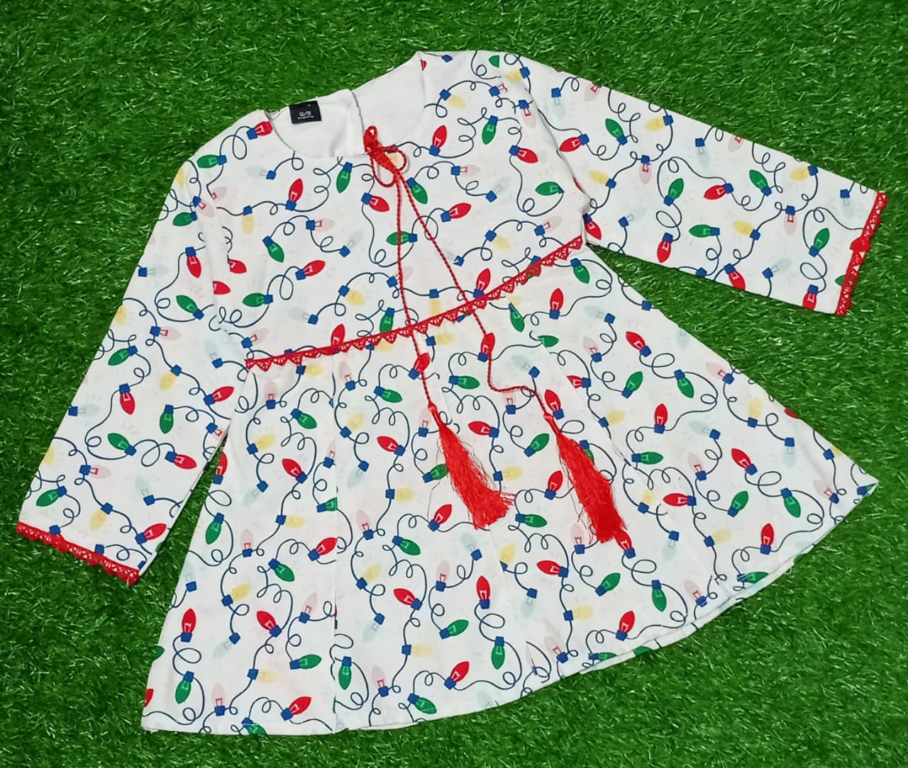 Girls White Printed Frock | Colorful Light Bulb Design Party & Casual Dress